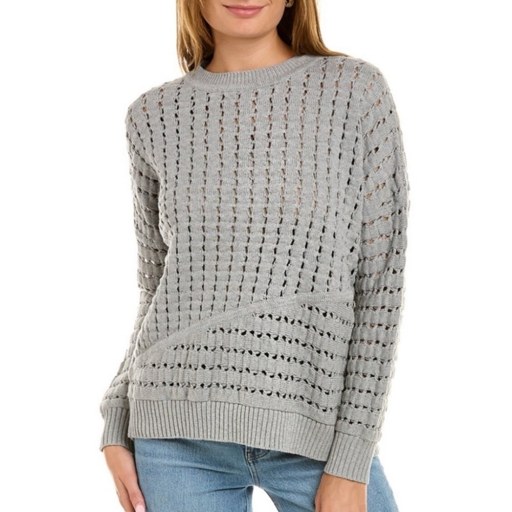 FORTÉ CASHMERE Open Stitch Women's Gray Cotton Sweater, Size Medium